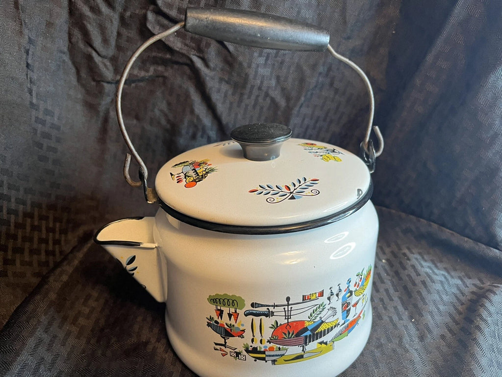 Georges Briard Enamel Retro Mid Century Turkey Dinner Graphics Teapot Kettle MCM