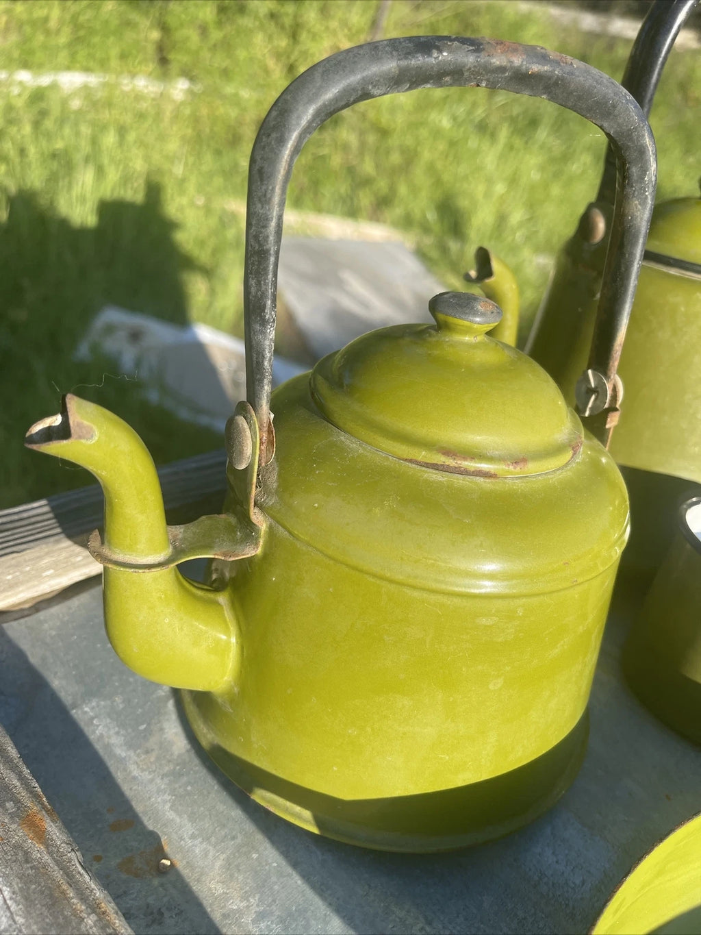 Vintage Collection Of Garden Green Enamelware Tea Pots Cups Container & Tray
