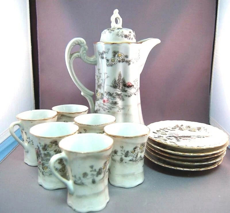 Made in Japan Chocolate Pot w/C&S Pagoda Scene Enamel! 12 Pieces! FAB!