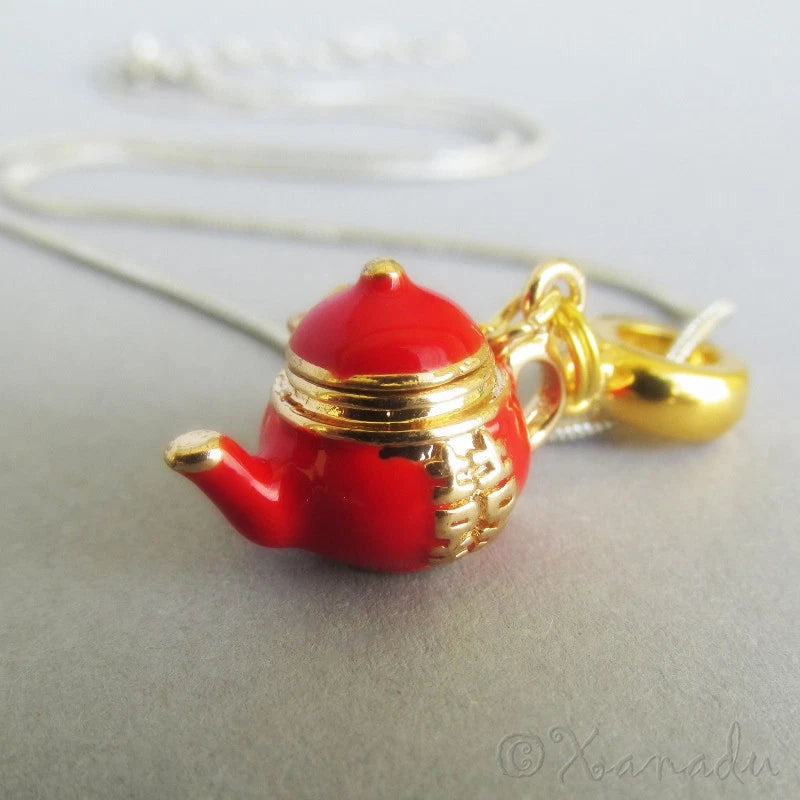 Red And Gold Double Happiness Asian Teapot European Pendant Charm Necklace