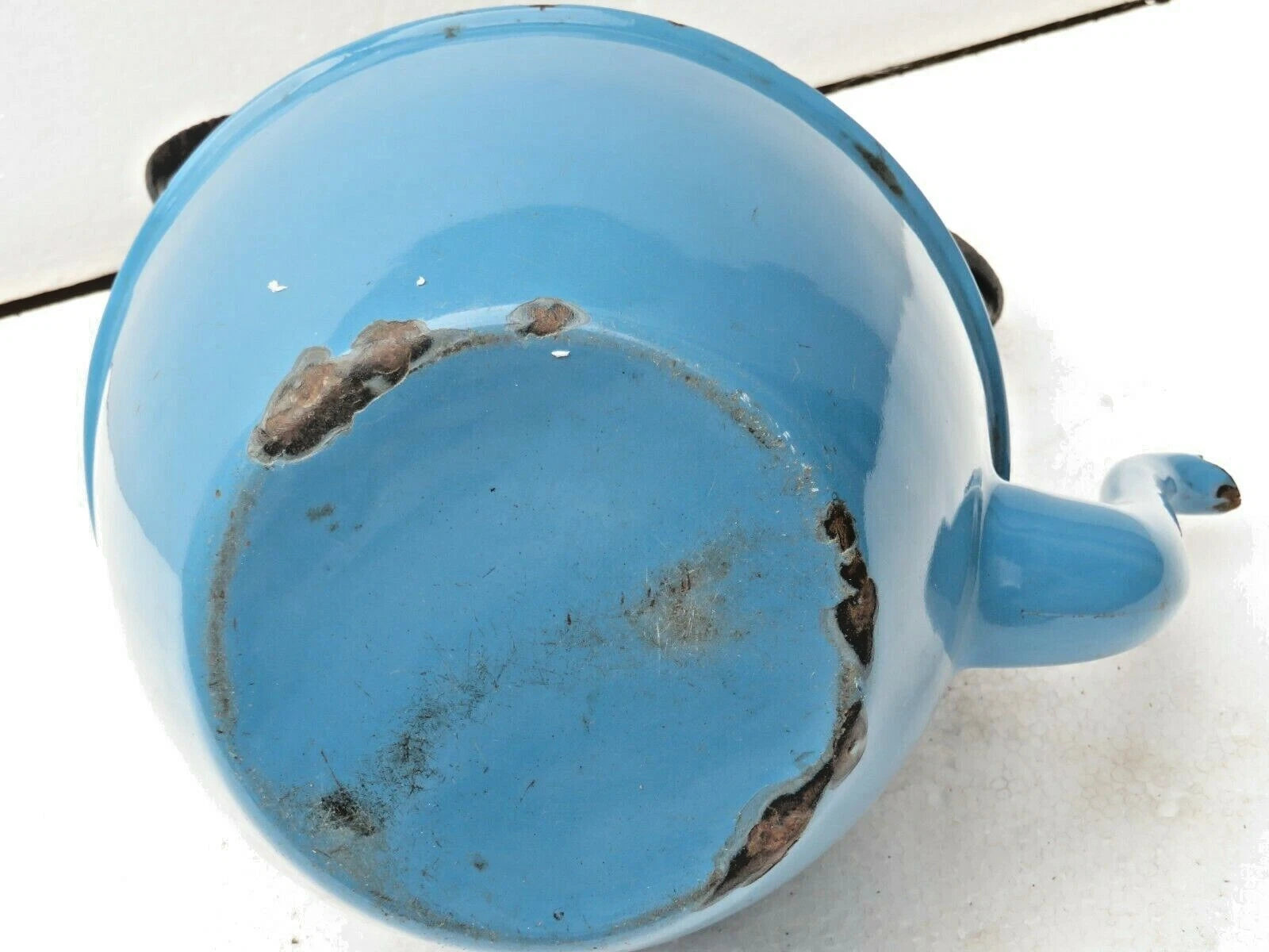 VINTAGE Enamelware tea Kettle sky Blue Color inside white enamel