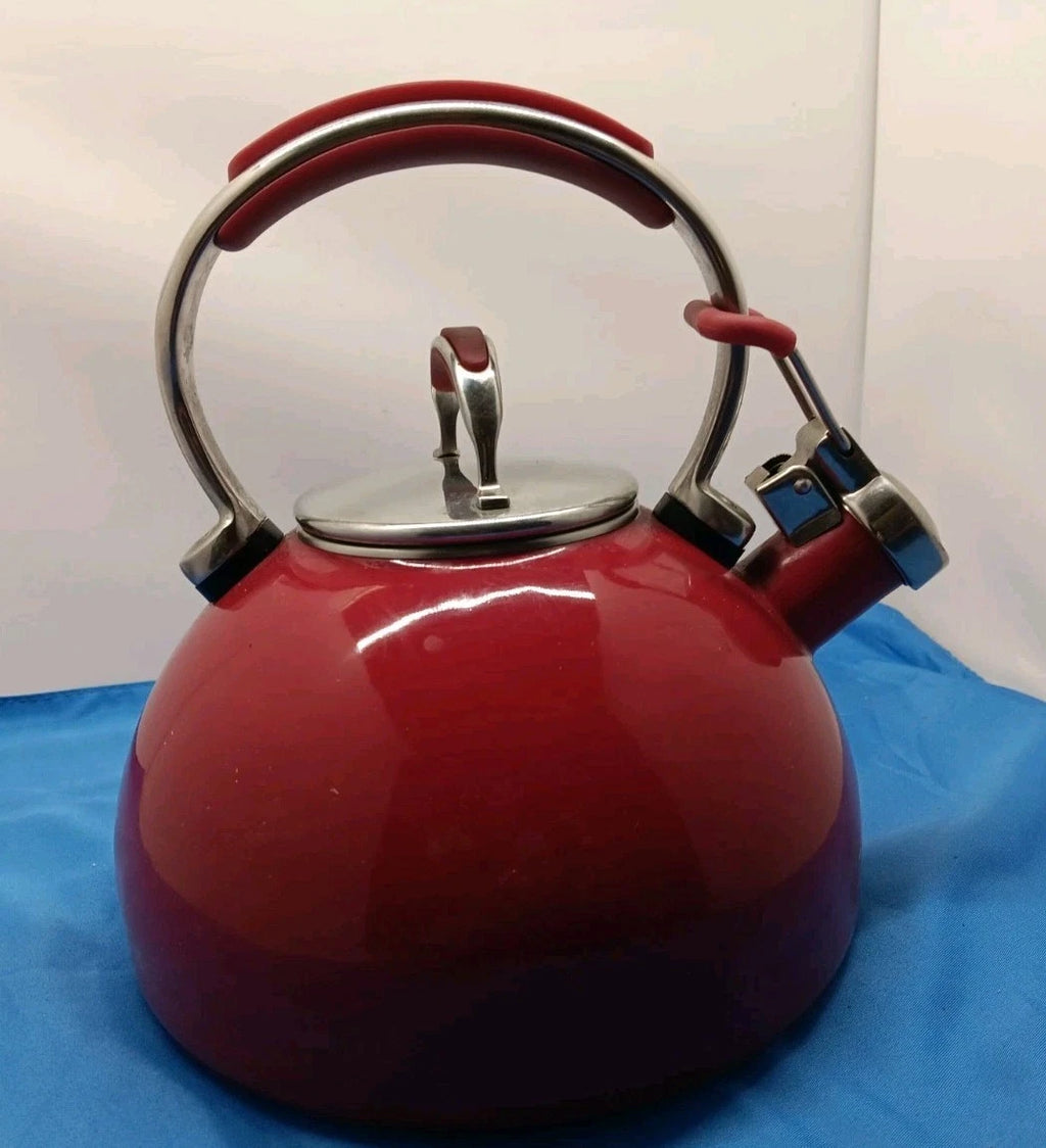 Kitchen Aid 2 Quart Whistling Tea Kettle Pot Red Enamel