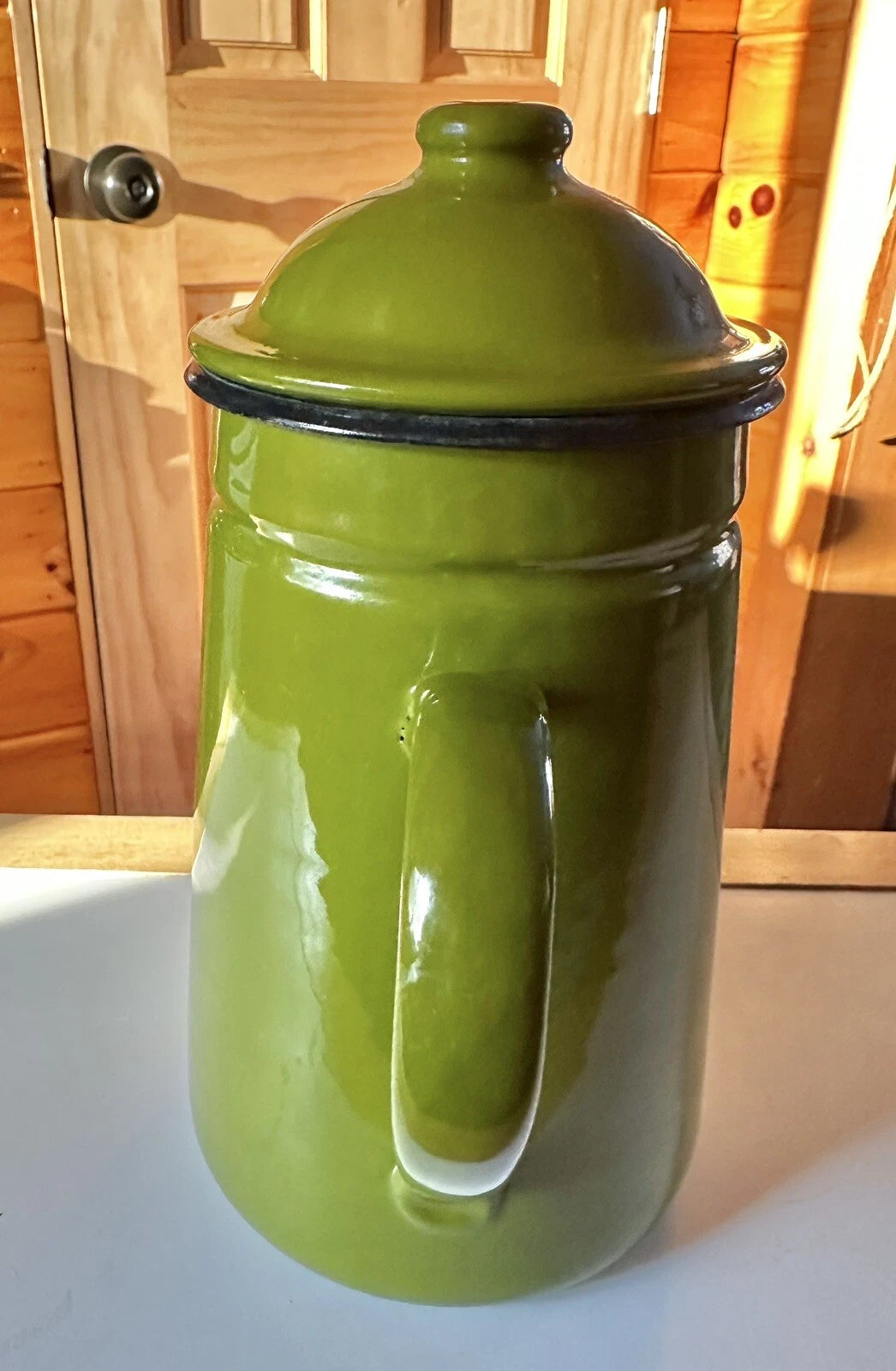 Vintage Green Avocado Graniteware Coffee Pot Black Trim L@@K Chips Tea Pot