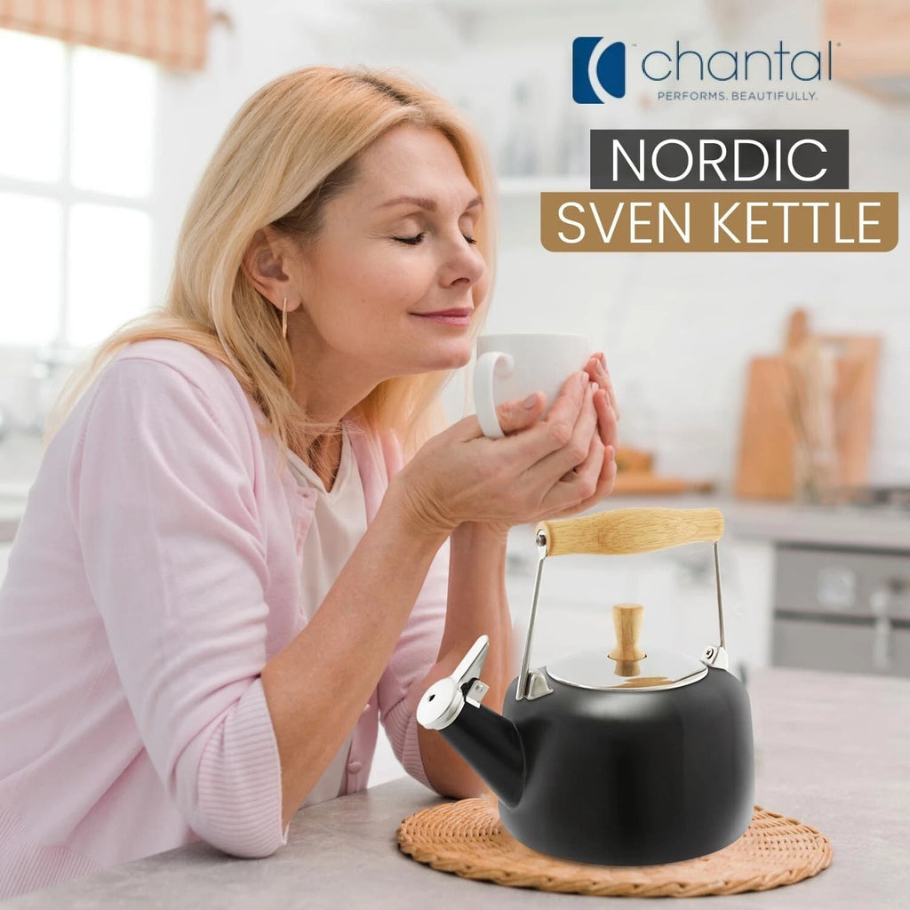 Elegant 1.4 Qt Black Enamel Whistling Teakettle with Rubberwood Stay-Cool Handle