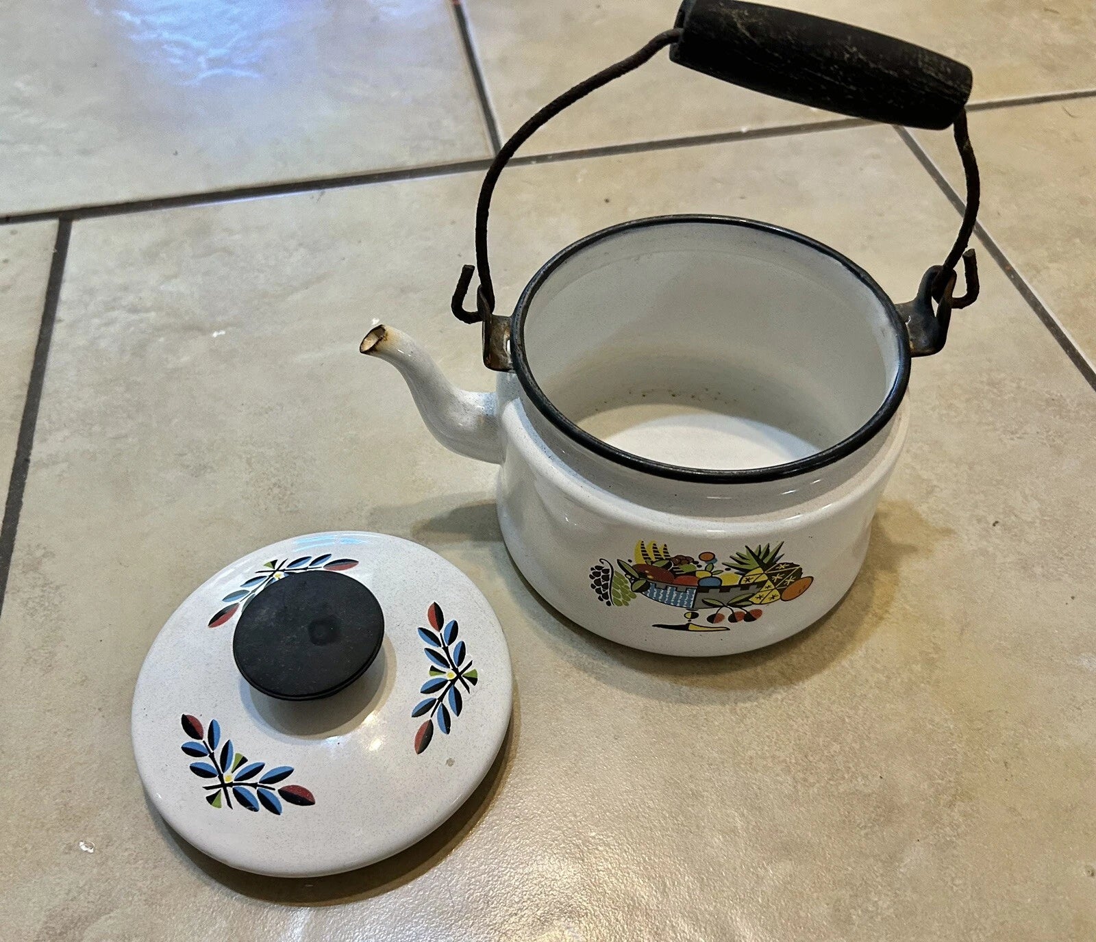 Swedish Tea Kettle White Tin Enamelware 1960’s with Fruit design