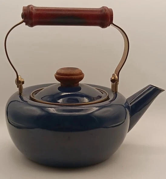 Blue Tea Kettle With Wood Handle * With Rust *