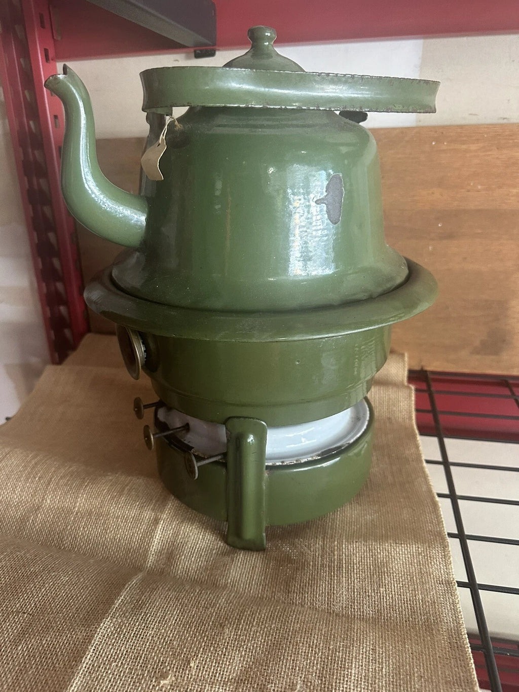 C. 1940S  Enamelware Stove Kerosene 3-wick STOVE WITH COFFEE / TEA POT - SCARCE