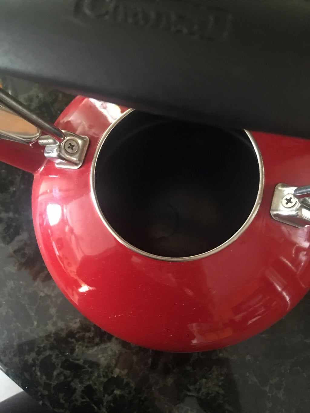 Vintage CHANTAL Whistling Tea Kettle Teapot Stovetop Enamel Red &  Silver Top