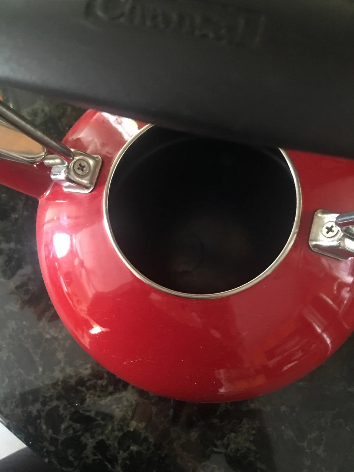 Vintage CHANTAL Whistling Tea Kettle Teapot Stovetop Enamel Red &  Silver Top