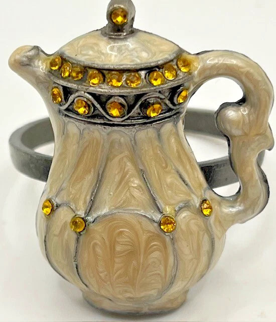 Napkin Rings Enamel & Rhinestone Teapots Set of 3 Green and Gold Classy Country