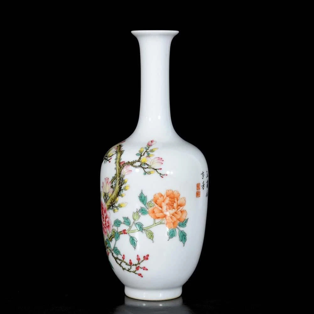 Qianlong Signed Pair Old Chinese Colour Enamel Vase W/bird N3736