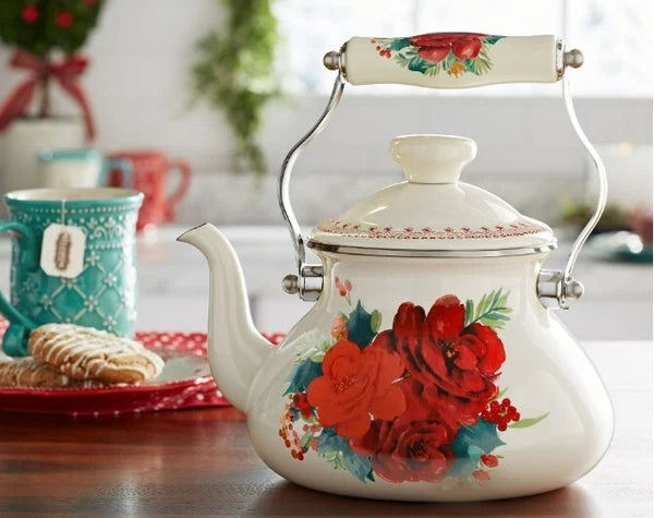 Pioneer Woman ~ CHEERFUL ROSE ~ 1.9-Quart Tea Kettle ~ Enamel on Steel ~ Floral