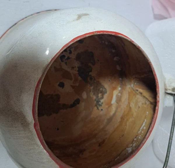 Vintage Enamel Large Tea Kettle, White With Red Trim And Red Handle