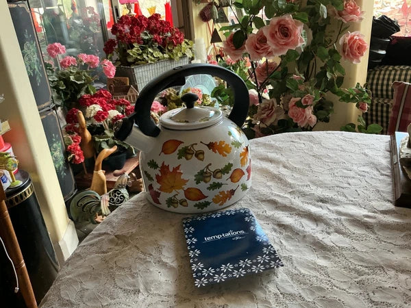 New Temp-tations 2.3-qt Enamel on Steel Tea Kettle Autumn.Fall Seasonal