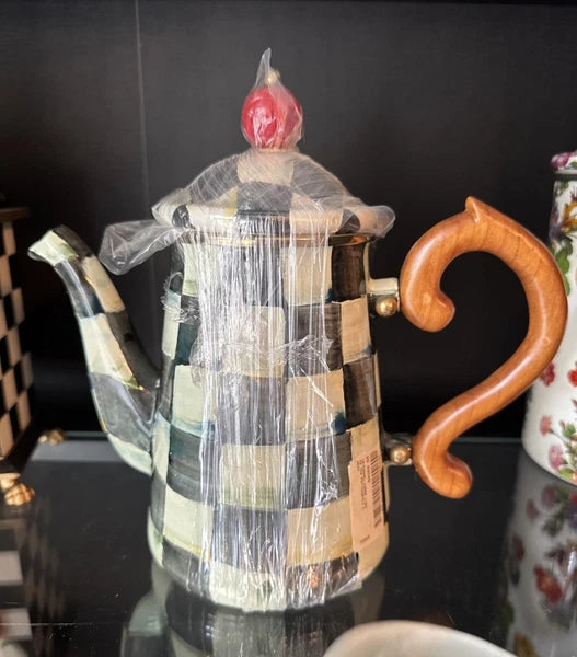NEW MACKENZIE CHILDS COURTLY CHECK COFFEE POT & LID ENAMELWARE Large Tea Pot