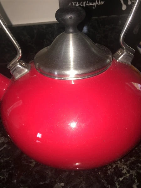 Vintage CHANTAL Whistling Tea Kettle Teapot Stovetop Enamel Red &  Silver Top