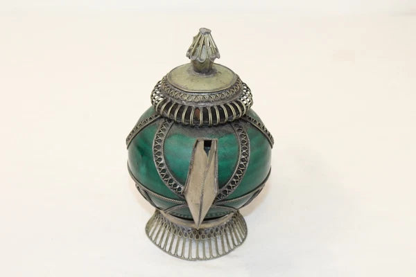 Chinese Middle Eastern Teapot Porcelain Metal Detailed Metal Accents Small Size