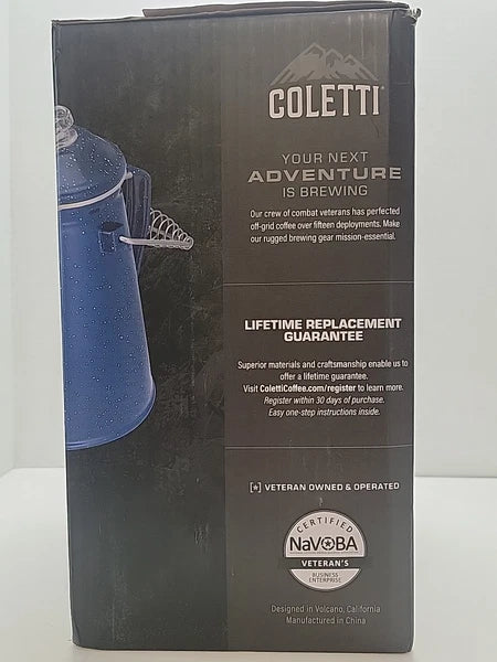 COLETTI Classic Camping Coffee Pot & Enamel Mug Set  Percolator Blue Glass Broke