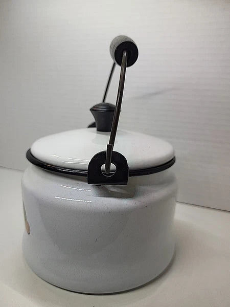 Vintage Bergren Swedish White Tin Enamelware 1960’s Tea Kettle with Fruit design