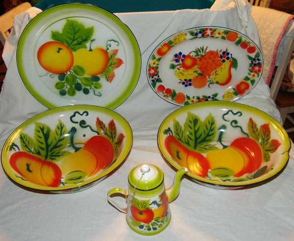 Lot Large Vtg Enamelware Serving Platter Plate Bowl Fruit Tea Pot Teapot Decor