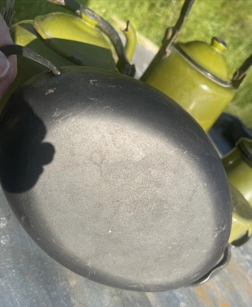 Vintage Collection Of Garden Green Enamelware Tea Pots Cups Container & Tray