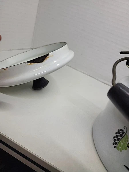 Vintage Bergren Swedish White Tin Enamelware 1960’s Tea Kettle with Fruit design