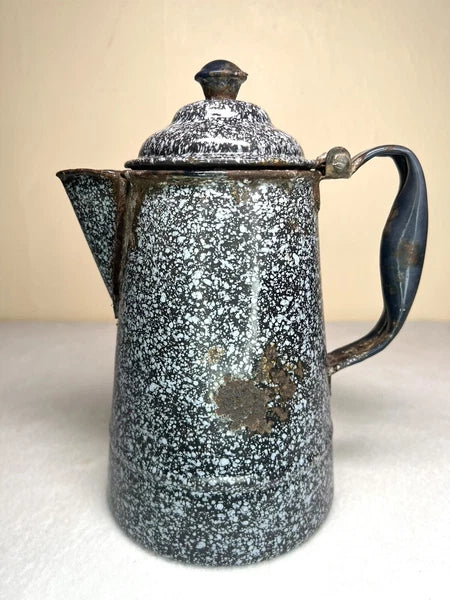 Vintage Enamelware Blue Speckled Kettle With Handle And Attached Lid Farmhouse