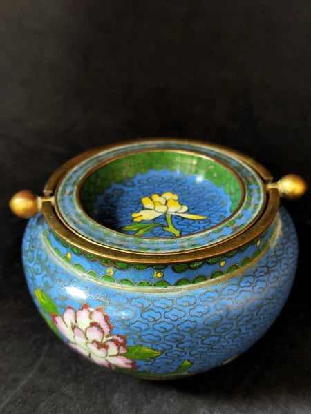 Chinese Antique Cloisonne Bowl Enamel Flowers Fine with Lid