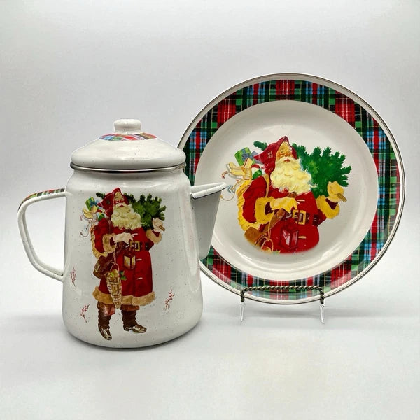 Vintage Hallmark Christmas Santa Enamelware Coffee Pot And Tray Set Farmhouse