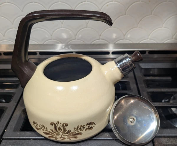 Rare Vintage Pfaltzgraff Village Enamelware Whistling Tea Kettle MCM Tea Pot