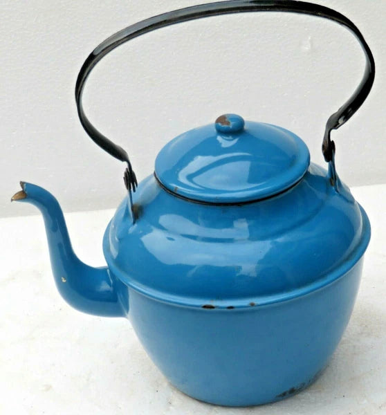 VINTAGE Enamelware tea Kettle sky Blue Color inside white enamel