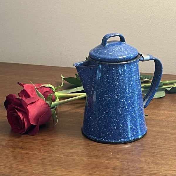 Vintage 8” Blue Enamel Graniteware Campfire Coffee Pot Speckled Decor K4