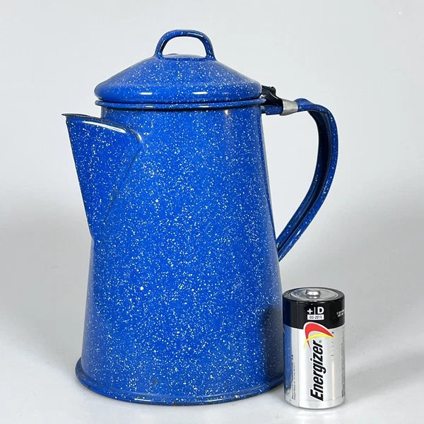 Vintage 8” Blue Enamel Graniteware Campfire Coffee Pot Speckled Decor K4