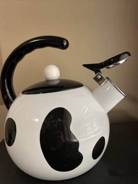 C & R Black & White Open Handled Whistling Tea Kettle Japan