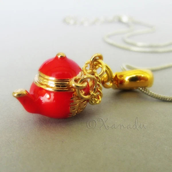 Red And Gold Double Happiness Asian Teapot European Pendant Charm Necklace