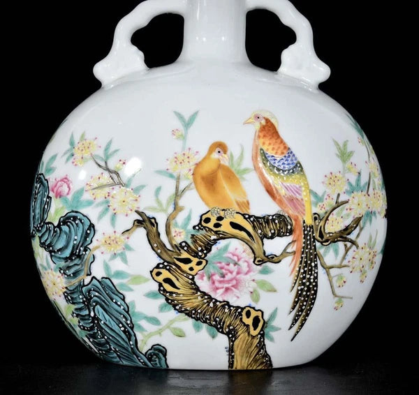 30CM Qianlong Signed Old Chinese Colour Enamel Vase W/bird N3353