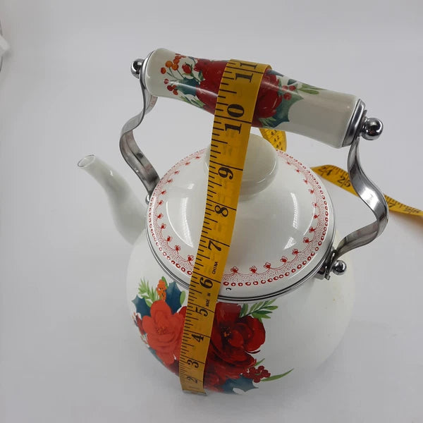The Pioneer Woman  Enamel Tea Pot 11x9 Inches White & Red Floral Cool Handle EUC