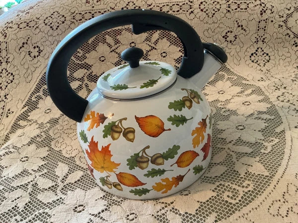 New Temp-tations 2.3-qt Enamel on Steel Tea Kettle Autumn.Fall Seasonal