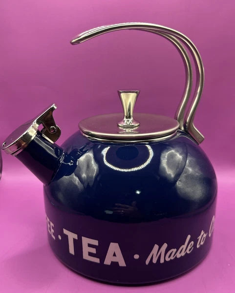 LENOX  KATE SPADE MADE TO ORDER COFFEE TEA KETTLE NAVY BLUE SILVER NICE COND