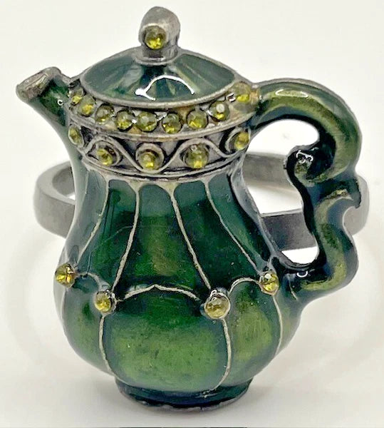 Napkin Rings Enamel & Rhinestone Teapots Set of 3 Green and Gold Classy Country