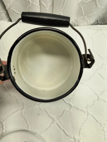 Vintage Enamelware Tea Kettle White With Fruit Design Wood Handle MCM