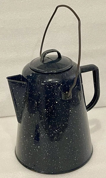 Vintage Black Speckled Graniteware 8 cup Camping Farmhouse Coffee Pot with lid