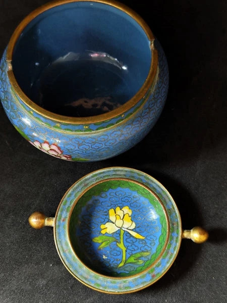 Chinese Antique Cloisonne Bowl Enamel Flowers Fine with Lid