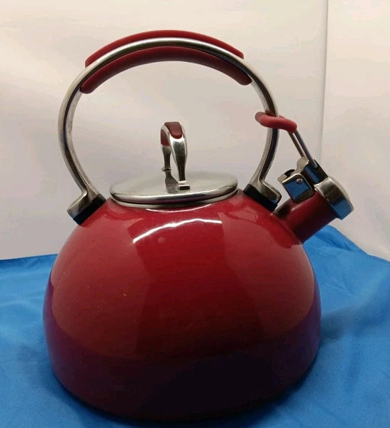 Kitchen Aid 2 Quart Whistling Tea Kettle Pot Red Enamel