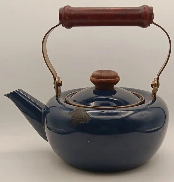 Blue Tea Kettle With Wood Handle * With Rust *