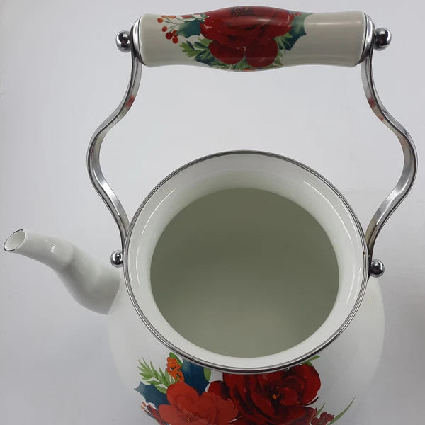The Pioneer Woman  Enamel Tea Pot 11x9 Inches White & Red Floral Cool Handle EUC