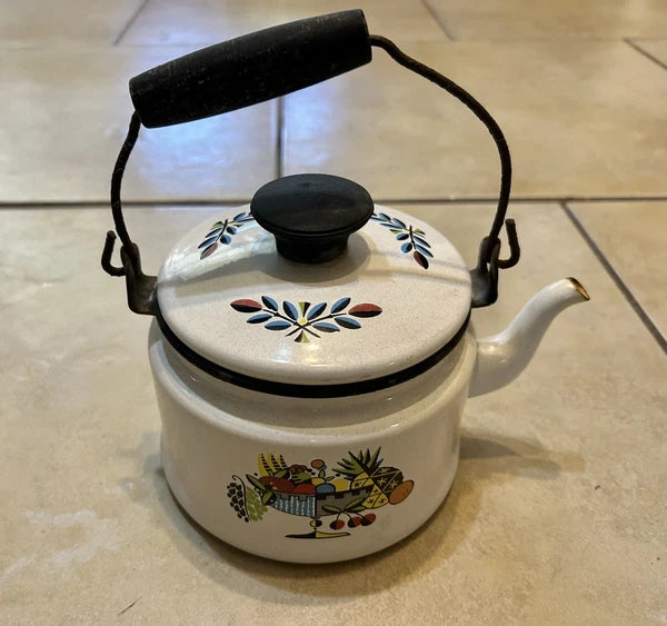 Swedish Tea Kettle White Tin Enamelware 1960’s with Fruit design