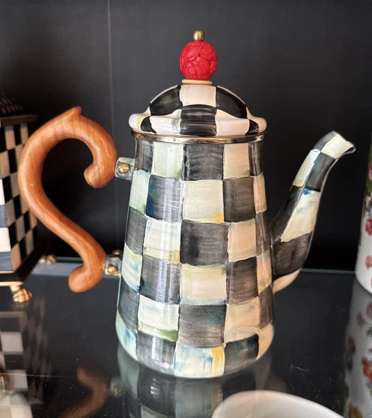 NEW MACKENZIE CHILDS COURTLY CHECK COFFEE POT & LID ENAMELWARE Large Tea Pot