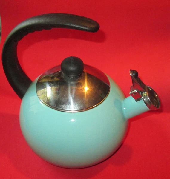 USED Farberware Luna Whistling Stovetop 2.5qt Tea Kettle Pot Aqua Teal VINTAGE