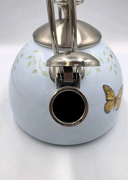 LENOX BUTTERFLY MEADOW WHISTLING TEA KETTLE. BLUE ENAMALWARE